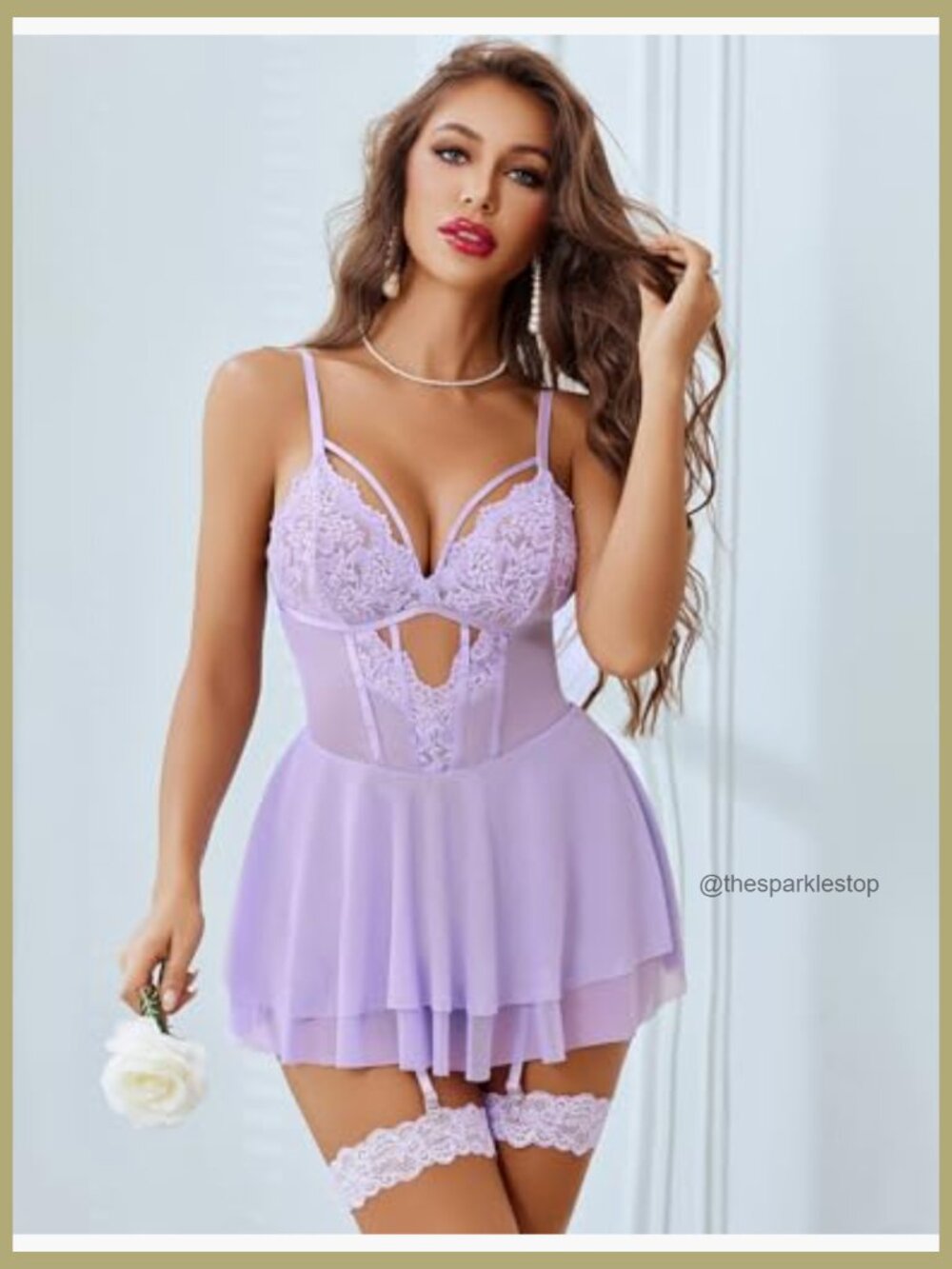 Lace Babydoll Chemise with Garter Belt, 90% Nylon 10% Spandex - Picture 3 of 5